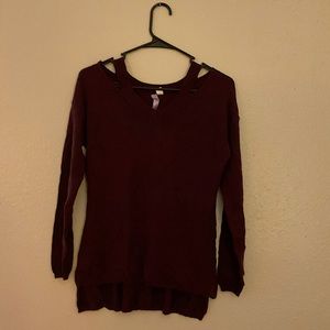 Plum cold shoulder sweater. Size small. Brand Alya from Francesca’s